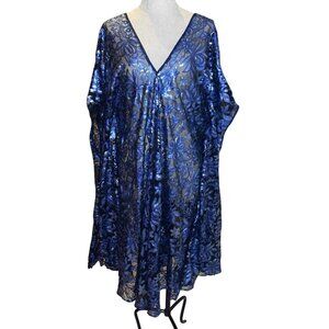 Womens Dress Size Medium Blue Floral Caftan Sequin Mesh V Neck Casual